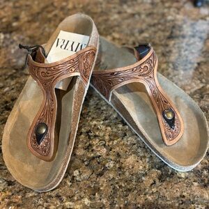 135. Myra Bag Tan Embossed Leather Sandals, Size 11, NWT